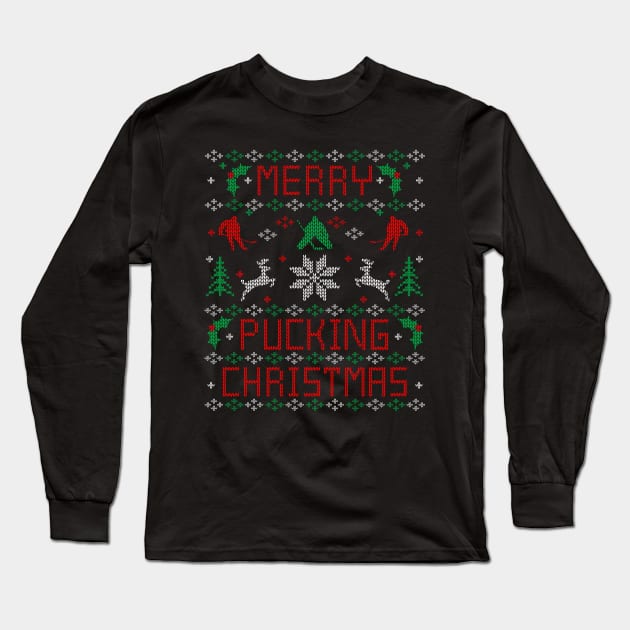 Funny Hockey Ugly Christmas Sweater Party Shirt Long Sleeve T-Shirt by TeeCreations